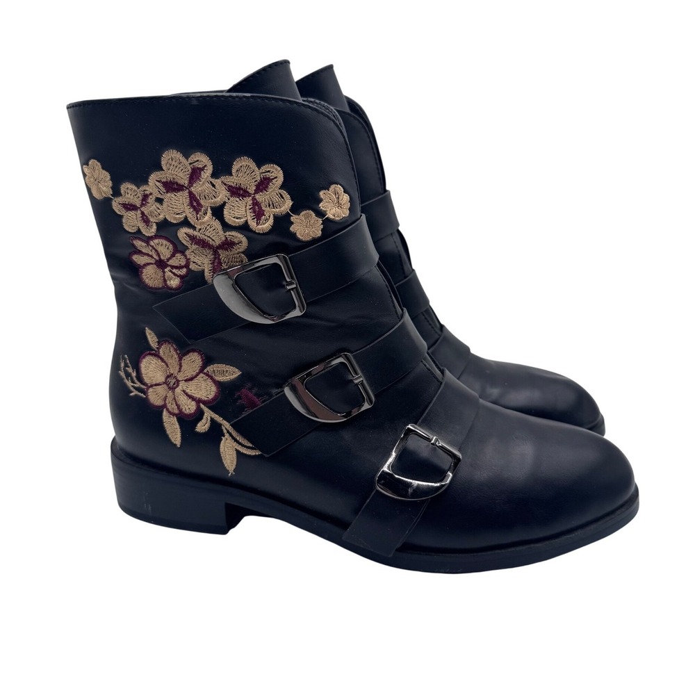 Monroe & Main 8M Black Floral Embroidered Buckle Ankle Boots Women's
